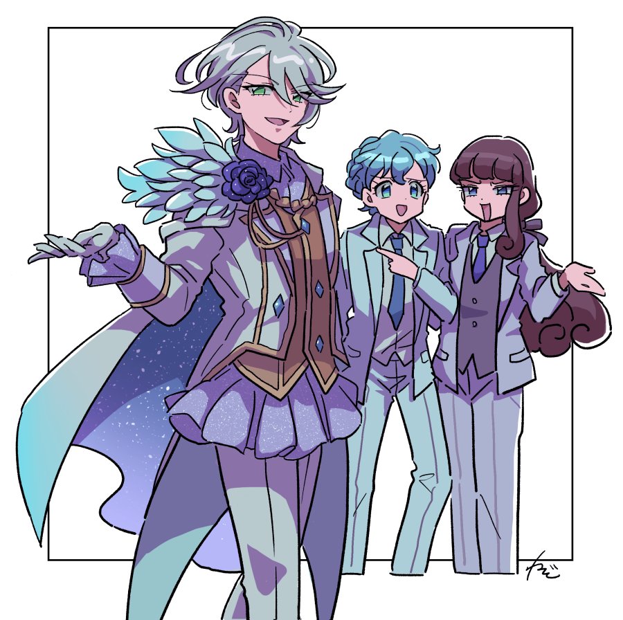 3girls :d aiguillette alternate_hairstyle blue_eyes blue_flower blue_hair blue_necktie blue_rose brown_hair cape collared_shirt cropped_legs crossdressing dorothy_west feathers flower gloves green_eyes grey_hair grey_vest hand_up jacket kurosu_aroma long_hair long_sleeves looking_at_another looking_at_viewer low_ponytail multiple_girls necktie open_mouth pants pretty_(series) pripara reverse_trap rituyama1 rose shikyouin_hibiki shirt short_hair signature smile standing suit vest white_background white_cape white_gloves white_jacket white_pants white_shirt yellow_vest