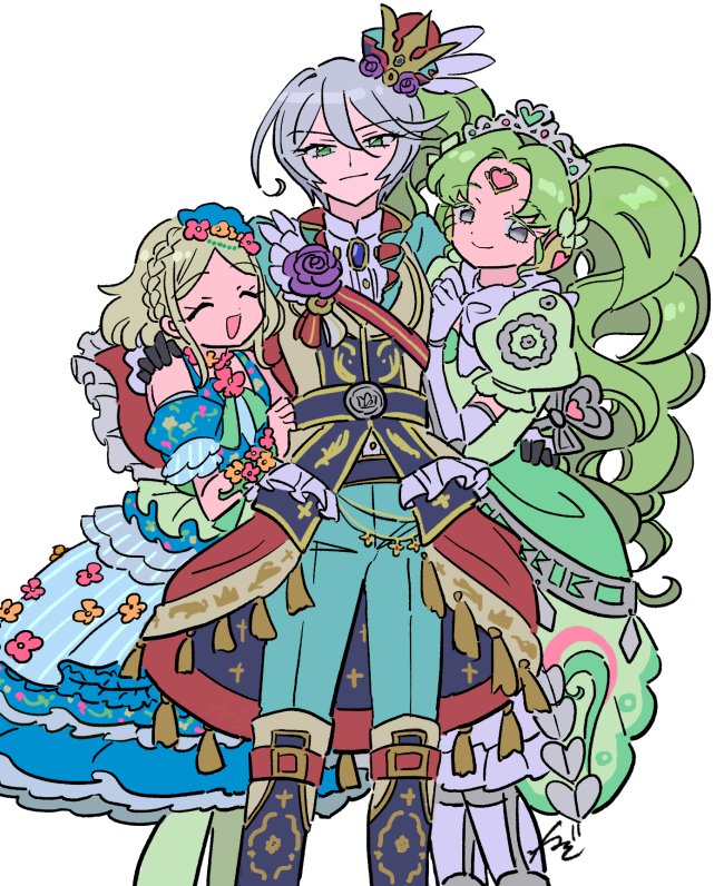 3girls :d blonde_hair blue_dress blue_pants boots closed_eyes closed_mouth colored_eyelashes crown dress drill_hair elbow_gloves facing_viewer falulu feet_out_of_frame flower forehead_jewel frilled_dress frills gloves green_dress green_eyes green_hair grey_eyes grey_hair hair_between_eyes hand_on_another's_shoulder hand_up headphones idol_clothes jacket long_hair long_sleeves looking_at_viewer midorikaze_fuwari mini_crown multiple_girls open_mouth pants parted_bangs pretty_(series) pripara puffy_short_sleeves puffy_sleeves purple_flower purple_rose reverse_trap rituyama1 rose sash shikyouin_hibiki shirt short_hair short_sleeves sidelocks simple_background smile standing tassel tiara twin_drills very_long_hair white_background white_gloves white_shirt winding_key yellow_jacket