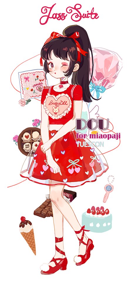 1girl animal_print backpack bag blue_bag blue_ribbon bow brown_eyes brown_hair cake candy cherry cherry_print chocolate_syrup choker collarbone commentary dessert english_commentary english_text eyelashes eyeshadow food food_print fruit full_body hair_bow heart heart_choker heart_print high_heels high_ponytail holding_own_arm ice_cream ice_cream_cone key layered_skirt leg_ribbon light_blush lipstick lollipop long_hair looking_at_viewer makeup midriff miniskirt one_eye_closed original parted_lips pom_pom_(clothes) putong_xiao_gou rabbit_print red_bow red_choker red_eyeshadow red_footwear red_lips red_ribbon red_shirt red_skirt ribbon see-through_skirt_layer shirt skirt solo sprinkles strawberry string string_of_fate t-shirt watermark white_background winged_bag