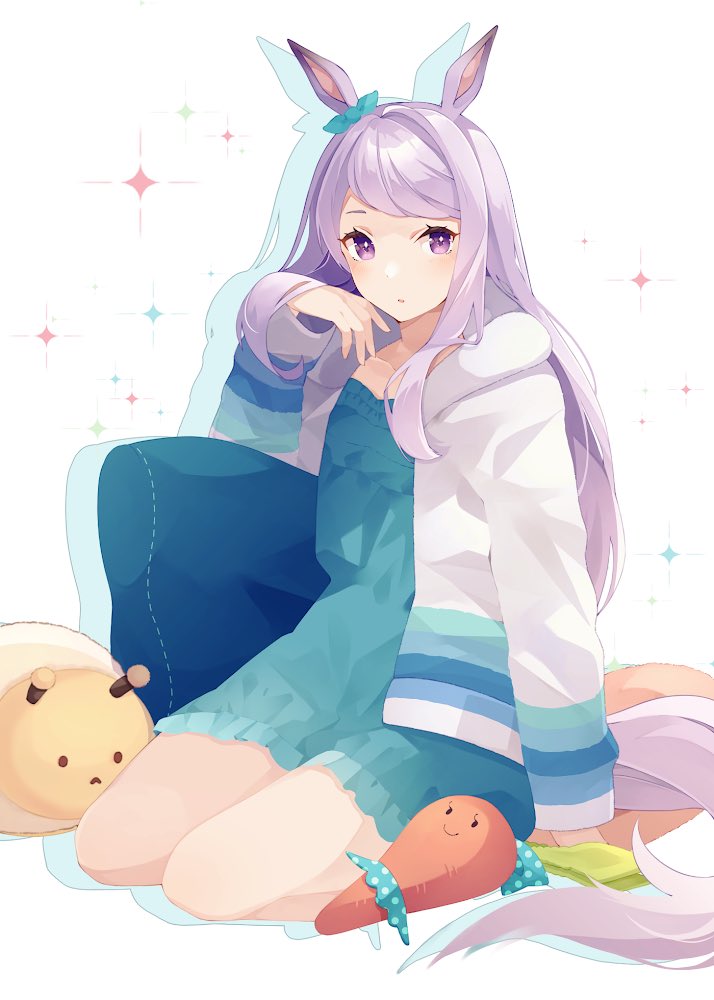 1girl animal_ears blue_dress blush dress ear_ribbon hood horse_ears horse_girl horse_tail jacket long_hair long_sleeves looking_at_viewer mejiro_mcqueen_(umamusume) open_clothes open_jacket parted_lips pillow purple_hair shakemi_(sake_mgmgmg) simple_background sitting solo sparkle stuffed_toy tail umamusume violet_eyes white_background