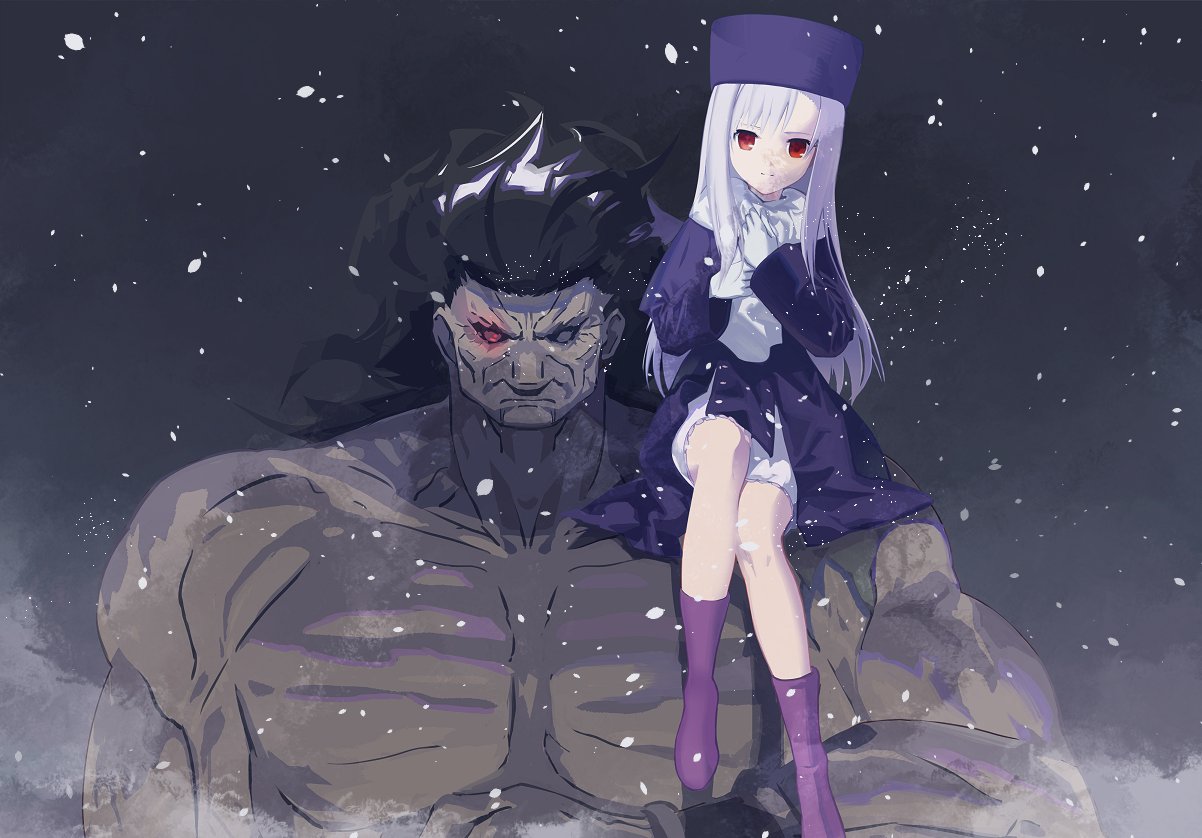 1boy 1girl black_hair boots closed_mouth cofffee dark-skinned_male dark_skin dress fate/stay_night fate_(series) gloves hat heracles_(fate) illyasviel_von_einzbern long_hair long_sleeves looking_at_viewer muscular muscular_male red_eyes scarf smile snowing white_hair