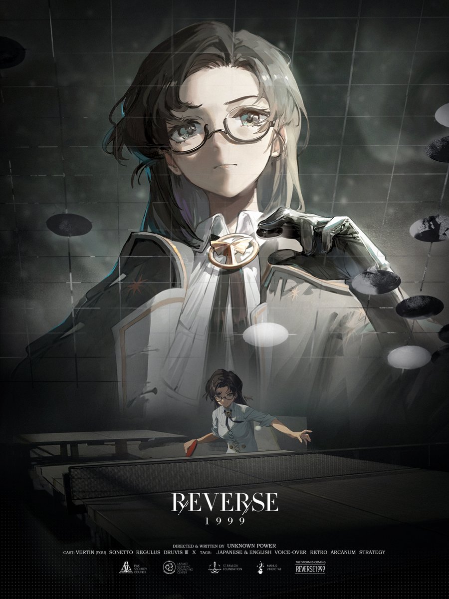 1girl ball black_gloves black_hair copyright_name english_text glasses gloves highres holding holding_paddle jacket long_hair no_jacket official_art paddle reverse:1999 solo table_tennis table_tennis_ball table_tennis_paddle z_(reverse:1999)