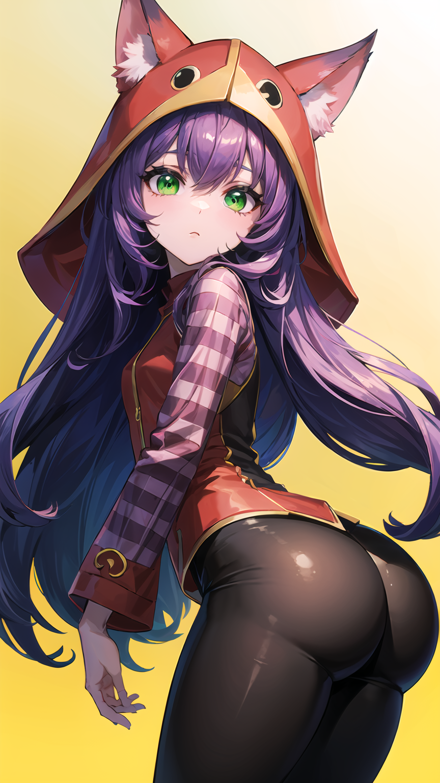 ai_generated animal_ears animal_hood ass black_pantyhose ears_through_headwear from_behind green_eyes league_of_legends long_hair looking_at_viewer looking_back lulu_(league_of_legends) pantyhose purple_hair red_dress striped_shirt yordle