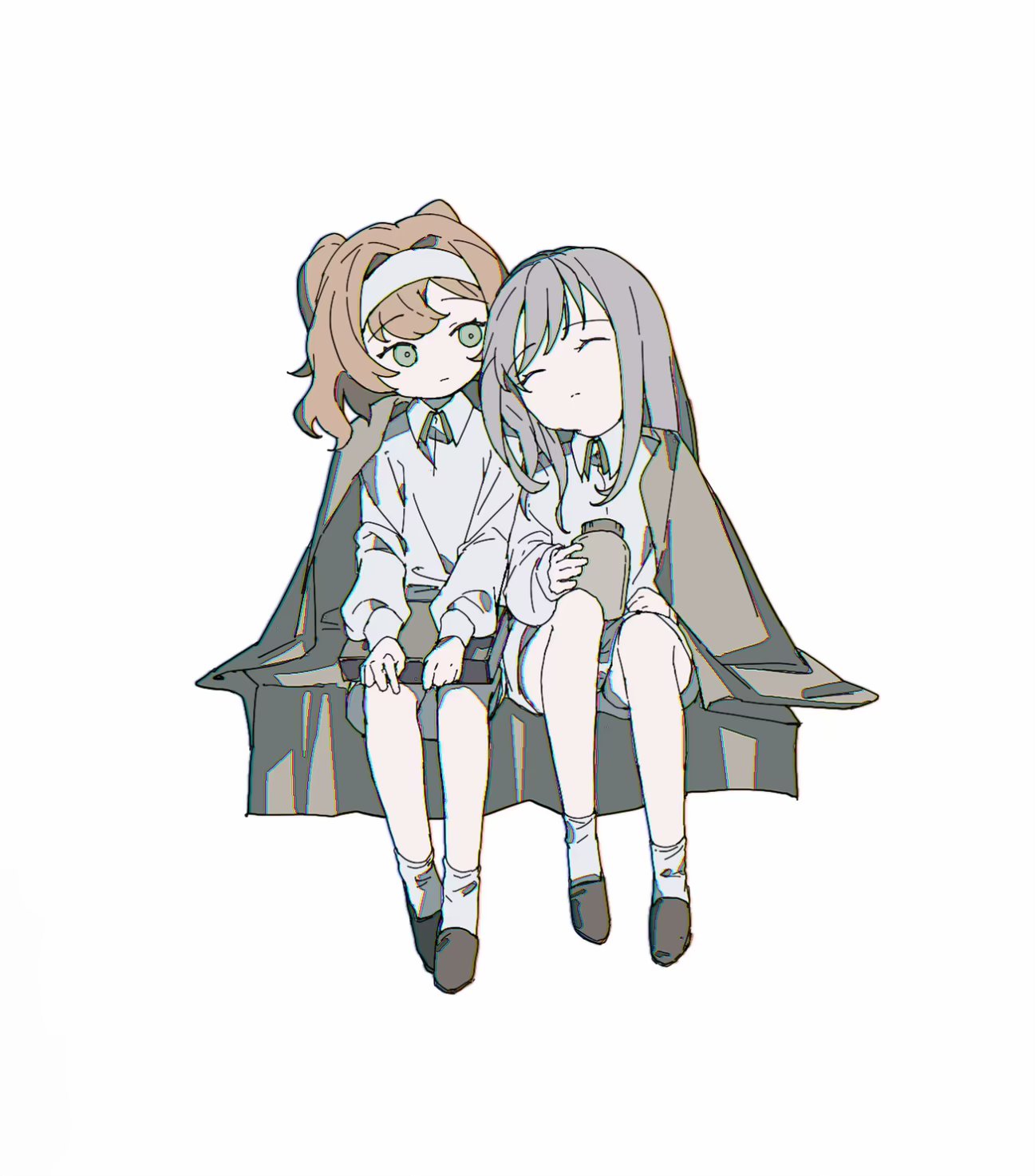 2girls aged_down bare_legs black_footwear closed_eyes closed_mouth collared_shirt commentary green_eyes grey_hair hairband heads_together highres long_hair long_sleeves multiple_girls orange_hair reverse:1999 shared_blanket shirt simple_background sitting sleeping sleeping_on_person slippers socks sonetto_(reverse:1999) sweater vertin_(reverse:1999) white_background white_hairband white_shirt white_socks white_sweater zhizhizi0101