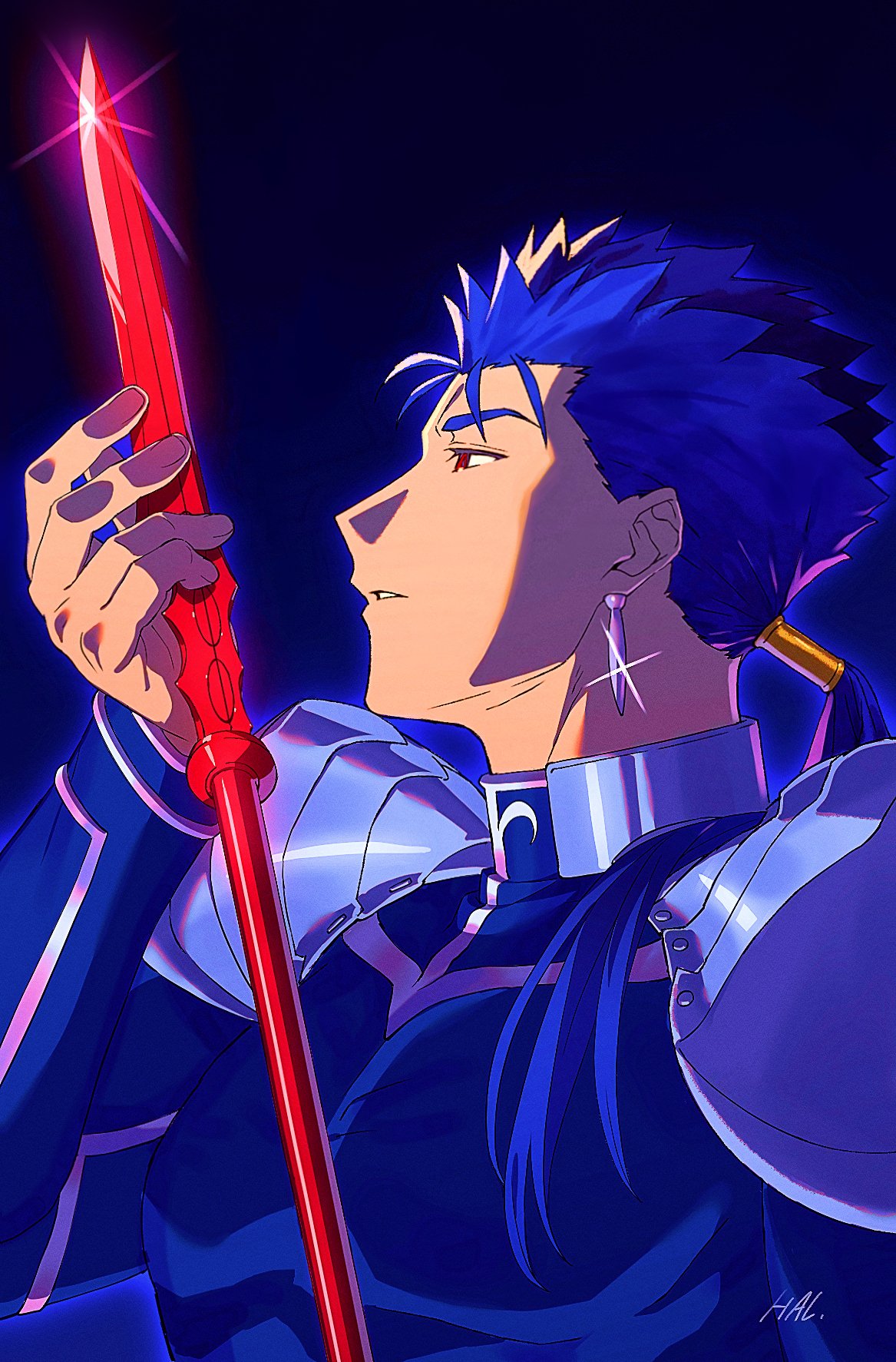 Safebooru - 1boy armor blue hair cu chulainn (fate) earrings fate/stay  night fate (series) fingernails glint gradient background hair over  shoulder hal (haaaalhal) highres holding holding polearm holding weapon  jewelry large pectorals