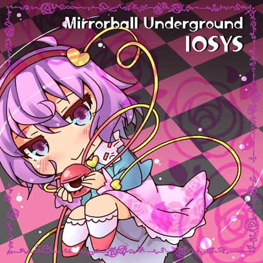1girl :&gt; ahoge album_cover blue_shirt blush_stickers buttons checkered_floor chibi closed_mouth collar collared_shirt cover english_text eyelashes floral_print frilled_shirt_collar frilled_skirt frilled_sleeves frilled_socks frills game_cg hair_ornament hairband heart heart_button heart_hair_ornament holding_eye iosys kneehighs komeiji_satori long_sleeves lying miniskirt nyagakiya official_art on_back pink_eyes pink_hair pink_skirt red_footwear red_hairband ribbon-trimmed_collar ribbon_trim rose_print shirt shoes short_hair skirt smile socks solo third_eye tile_floor tiles touhou touhou_cannonball white_collar white_socks
