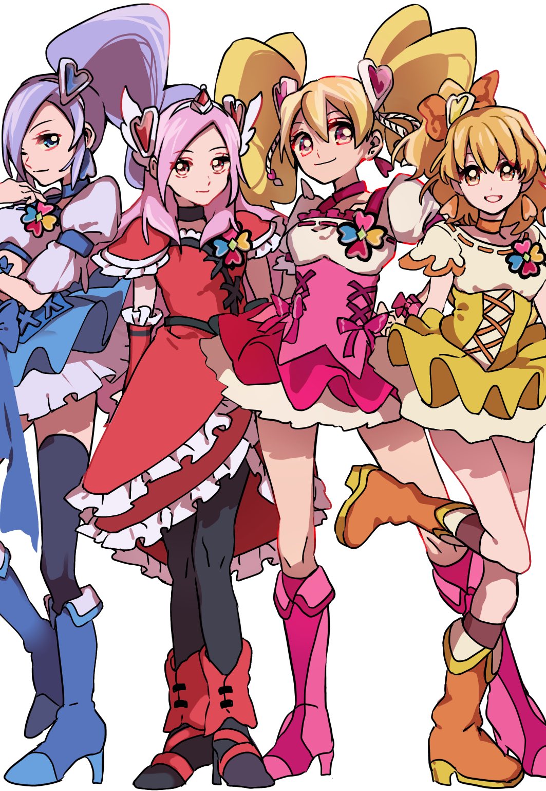 4girls aono_miki black_choker black_pantyhose black_thighhighs blonde_hair blue_choker blue_dress blue_footwear boots bow brown_footwear choker cure_berry cure_passion cure_peach cure_pine dress fresh_precure! frilled_dress frills hair_ornament heart heart_hair_ornament higashi_setsuna high_heel_boots high_heels highres knee_boots looking_at_viewer magical_girl momozono_love multiple_girls one_eye_closed open_mouth orange_choker pantyhose pink_choker pink_dress pink_footwear precure purple_hair red_dress sekiguchi_(mitemite_mitene) side_ponytail sidelocks simple_background smile standing thigh-highs twintails white_background yamabuki_inori yellow_dress