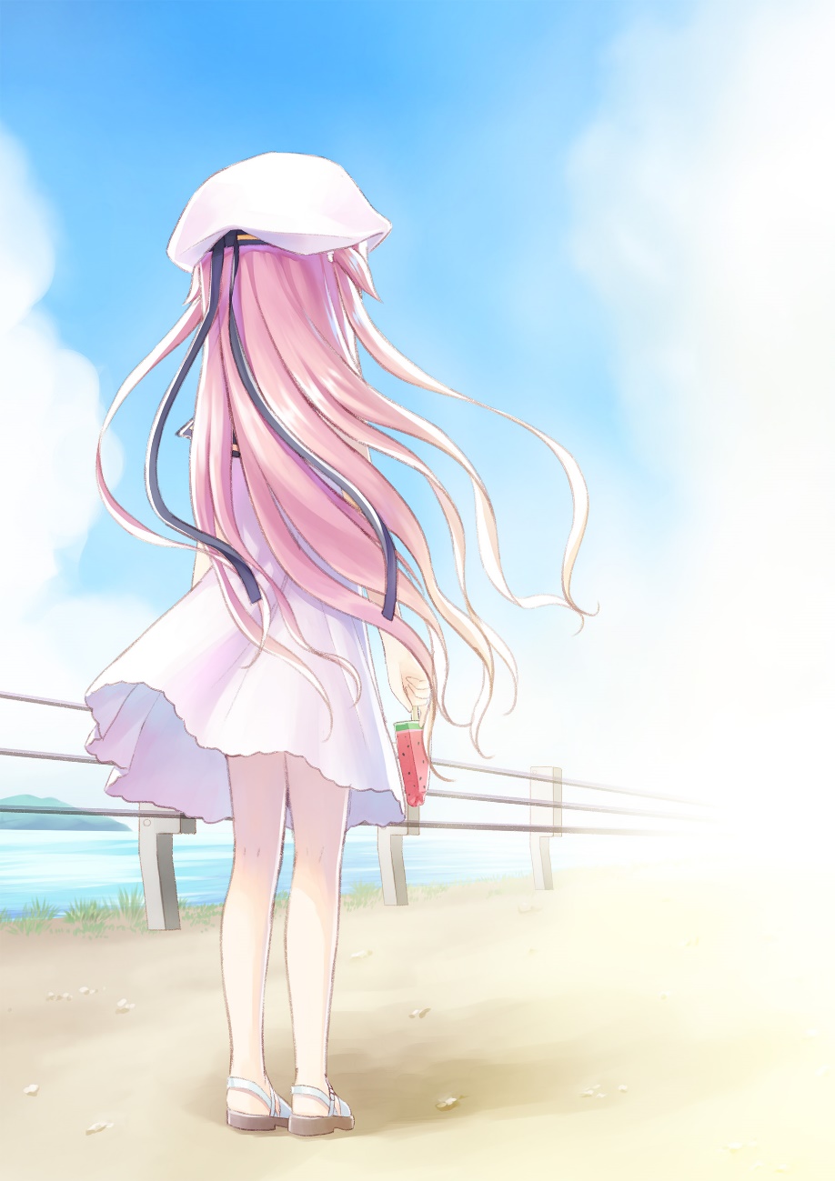 1girl arms_at_sides black_ribbon blue_sky dress fence floating_hair food from_behind full_body hat hat_ribbon highres holding holding_food holding_ice_cream humuyun ice_cream katou_umi long_hair long_ribbon ocean official_art outdoors popsicle purple_hair ribbon road sailor_dress sailor_hat sandals short_dress sky sleeveless sleeveless_dress solo standing summer_pockets two_side_up very_long_hair watermelon_bar white_dress white_footwear white_headwear