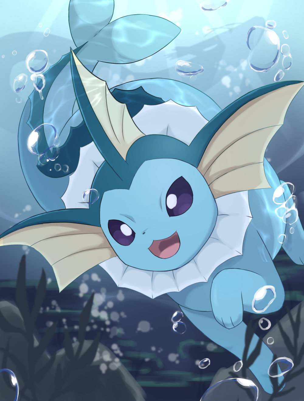 :d air_bubble blurry bubble commentary_request highres no_humans open_mouth pokemon pokemon_(creature) rumine_(yoshi1234567) smile solo swimming tongue underwater vaporeon