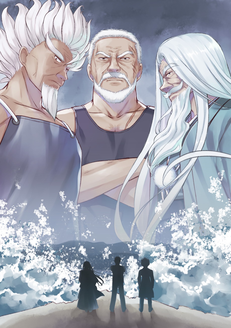 3boys beard black_tank_top blue_kimono character_request closed_mouth clouds cloudy_sky collarbone cowboy_shot crossed_arms facial_hair frown goatee highres humuyun japanese_clothes kimono long_beard long_eyebrows long_hair looking_at_viewer multiple_boys muscular muscular_male mustache naruse_kobato nose ocean official_art old old_man open_clothes open_kimono outdoors pom_pom_(clothes) serious short_hair sky spiky_hair standing summer_pockets sunken_cheeks tank_top very_long_hair waves white_hair wide_shot