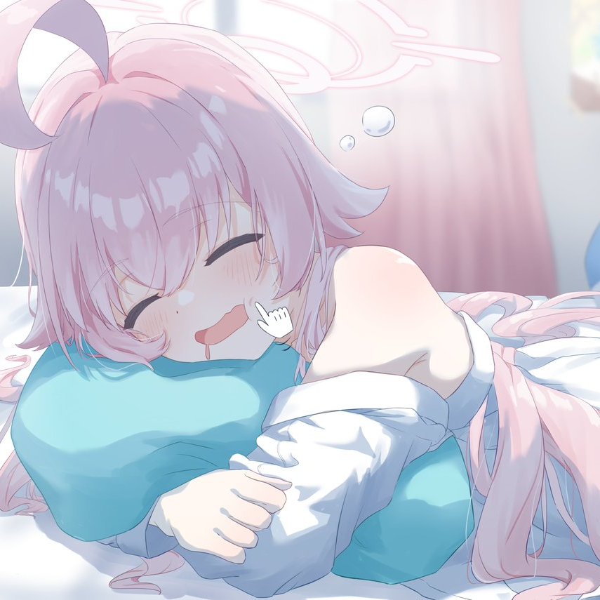 1girl ^_^ ahoge bare_shoulders blue_archive blush cheek_poking closed_eyes commentary_request dot_nose dress drooling hair_between_eyes hair_flaps halo hand_cursor hoshino_(blue_archive) huge_ahoge hugging_object indoors long_hair long_sleeves lying mouth_drool off_shoulder on_bed on_stomach open_mouth pillow pillow_hug poking sleeping u9ffo upper_body white_dress
