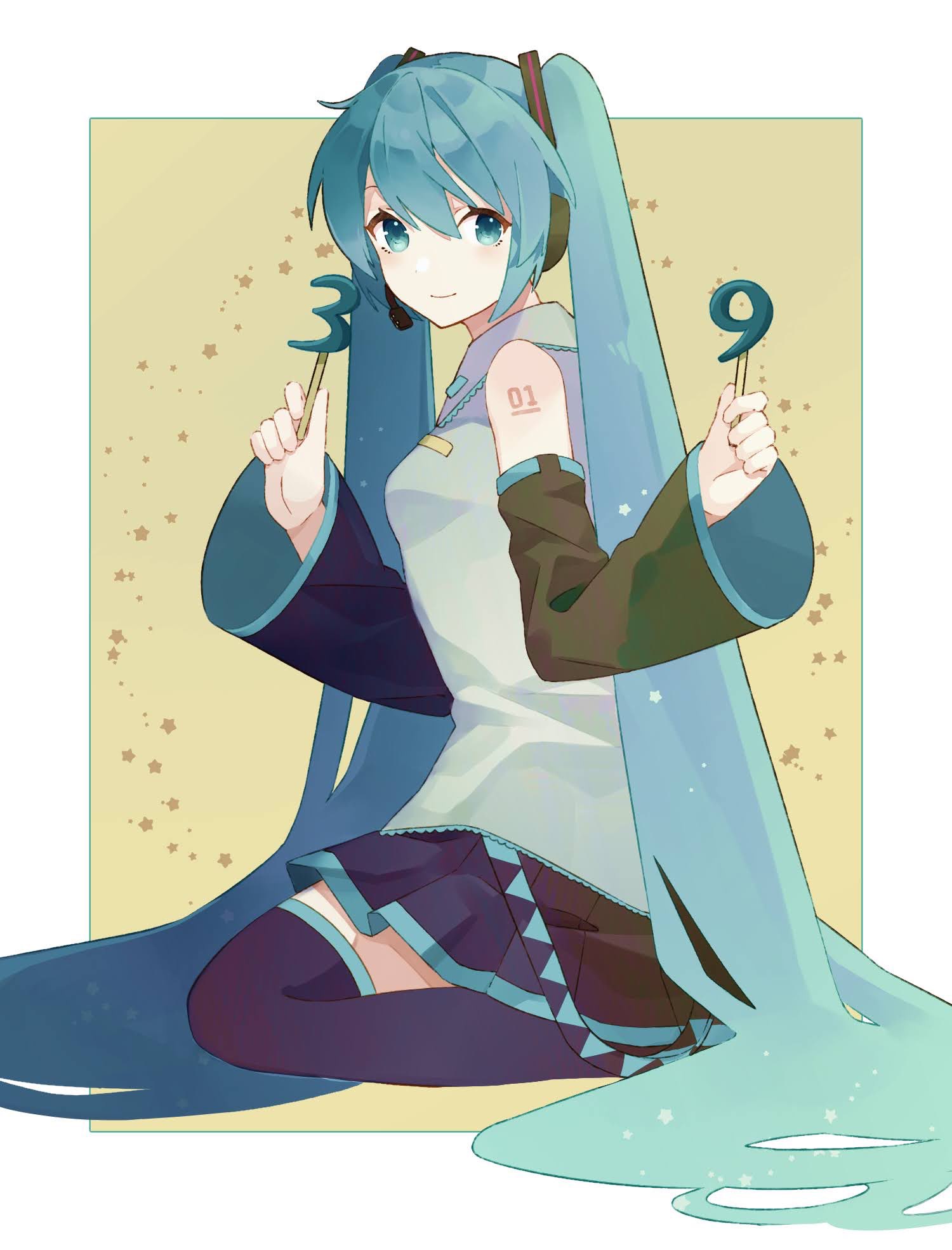 1girl 39 aqua_hair black_skirt black_thighhighs blue_eyes blue_hair breasts collared_shirt detached_sleeves gradient_hair grey_shirt hair_ornament hatsune_miku headphones headset highres holding long_hair looking_at_viewer miku_day multicolored_hair pleated_skirt shakemi_(sake_mgmgmg) shirt sitting skirt small_breasts solo star_(symbol) thigh-highs twintails very_long_hair vocaloid