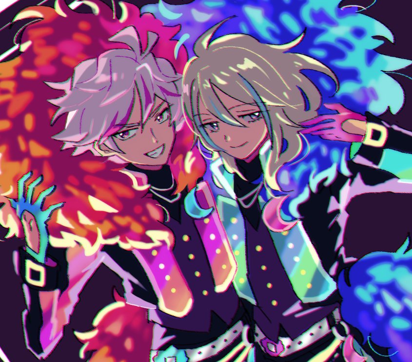 2boys backlighting belt black_jacket blonde_hair blue_gloves blue_hair closed_mouth commentary_request fur-trimmed_jacket fur_trim gloves glowing_clothes grin hair_between_eyes hand_up idol_clothes idol_land_pripara jacket long_hair long_sleeves looking_at_viewer looking_to_the_side male_focus multicolored_hair multiple_boys ooedo_shinya open_mouth pink_gloves pink_hair pretty_(series) pripara purple_background rituyama1 short_hair simple_background smile standing streaked_hair ushimitsu_(pripara) violet_eyes white_belt