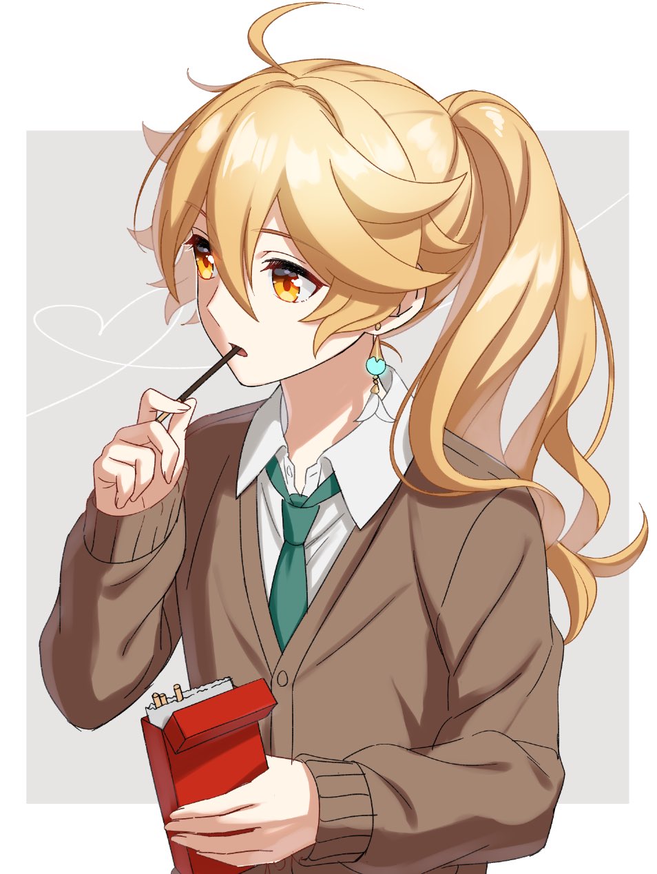 1boy aether_(genshin_impact) alternate_costume alternate_hairstyle ar_(rikuesuto) blonde_hair brown_sweater earrings eating food genshin_impact green_necktie hair_between_eyes highres jewelry long_hair long_sleeves necktie open_mouth pocky ponytail shirt solo sweater white_shirt yellow_eyes
