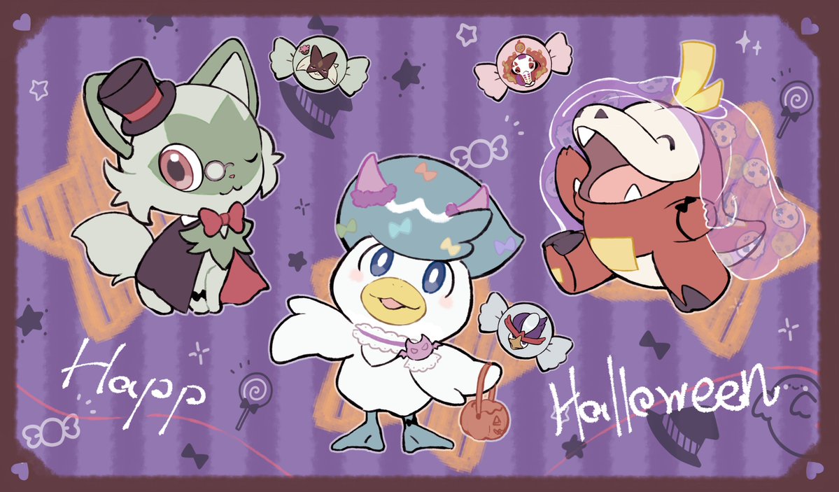;3 blue_eyes blush border bright_pupils brown_border candy_wrapper cloak commentary_request fuecoco halloween happy_halloween hat no_humans one_eye_closed open_mouth pokemon pokemon_(creature) quaxly smile sprigatito starter_pokemon_trio tudurimike white_pupils