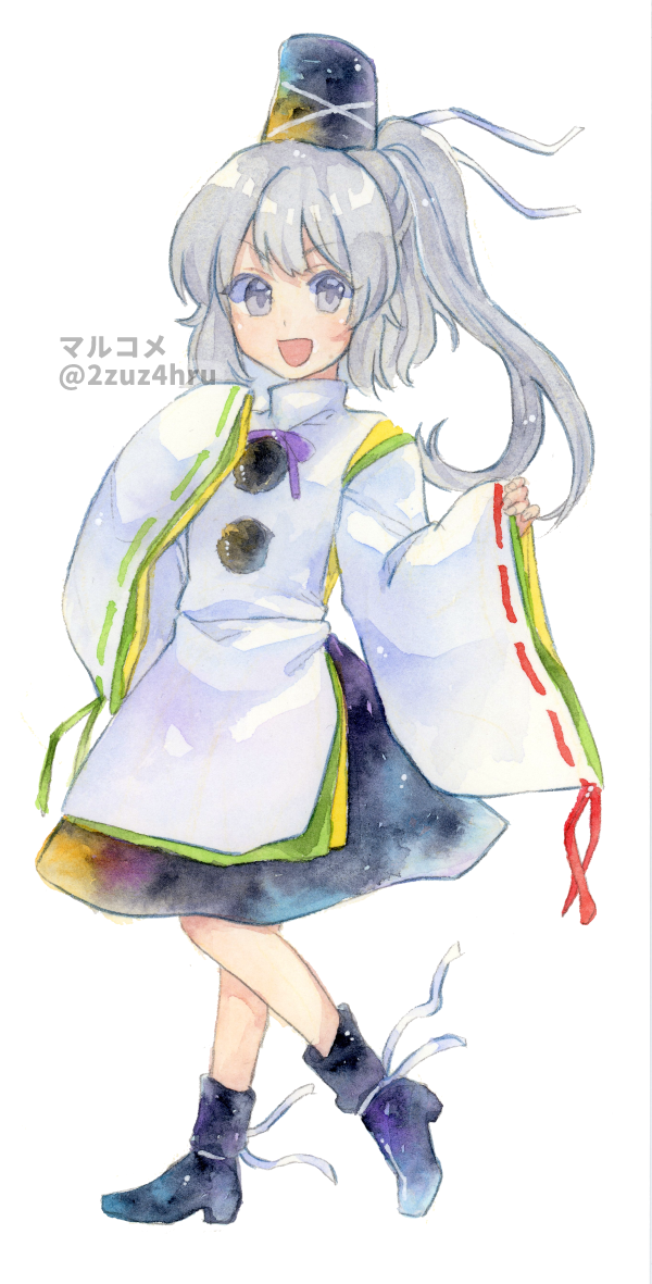 1girl 2zuz4hru :d black_footwear black_headwear black_skirt blush boots commentary_request flat_chest full_body grey_eyes grey_hair hat japanese_clothes kariginu long_hair long_sleeves looking_at_viewer medium_bangs mononobe_no_futo neck_ribbon open_mouth painting_(medium) pom_pom_(clothes) ponytail purple_ribbon ribbon ribbon-trimmed_sleeves ribbon_trim simple_background skirt sleeves_past_fingers sleeves_past_wrists smile solo tate_eboshi touhou traditional_media twitter_username walking watercolor_(medium) white_background wide_sleeves