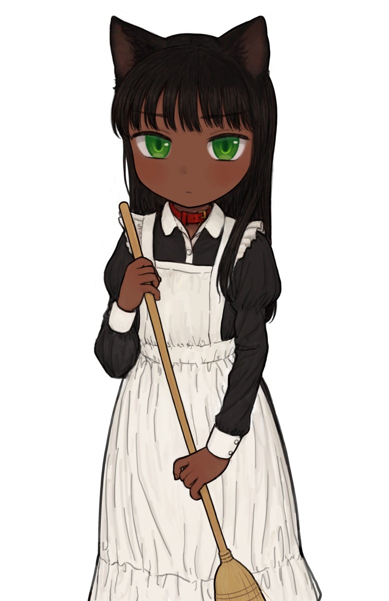 1girl animal_ears apron black_dress black_hair blush broom cat_ears collar collared_dress commentary_request dark-skinned_female dark_skin dress expressionless green_eyes highres holding holding_broom long_hair looking_at_viewer maid maid_apron omodaka_(nitera1041) original red_collar simple_background solo upper_body white_apron white_background