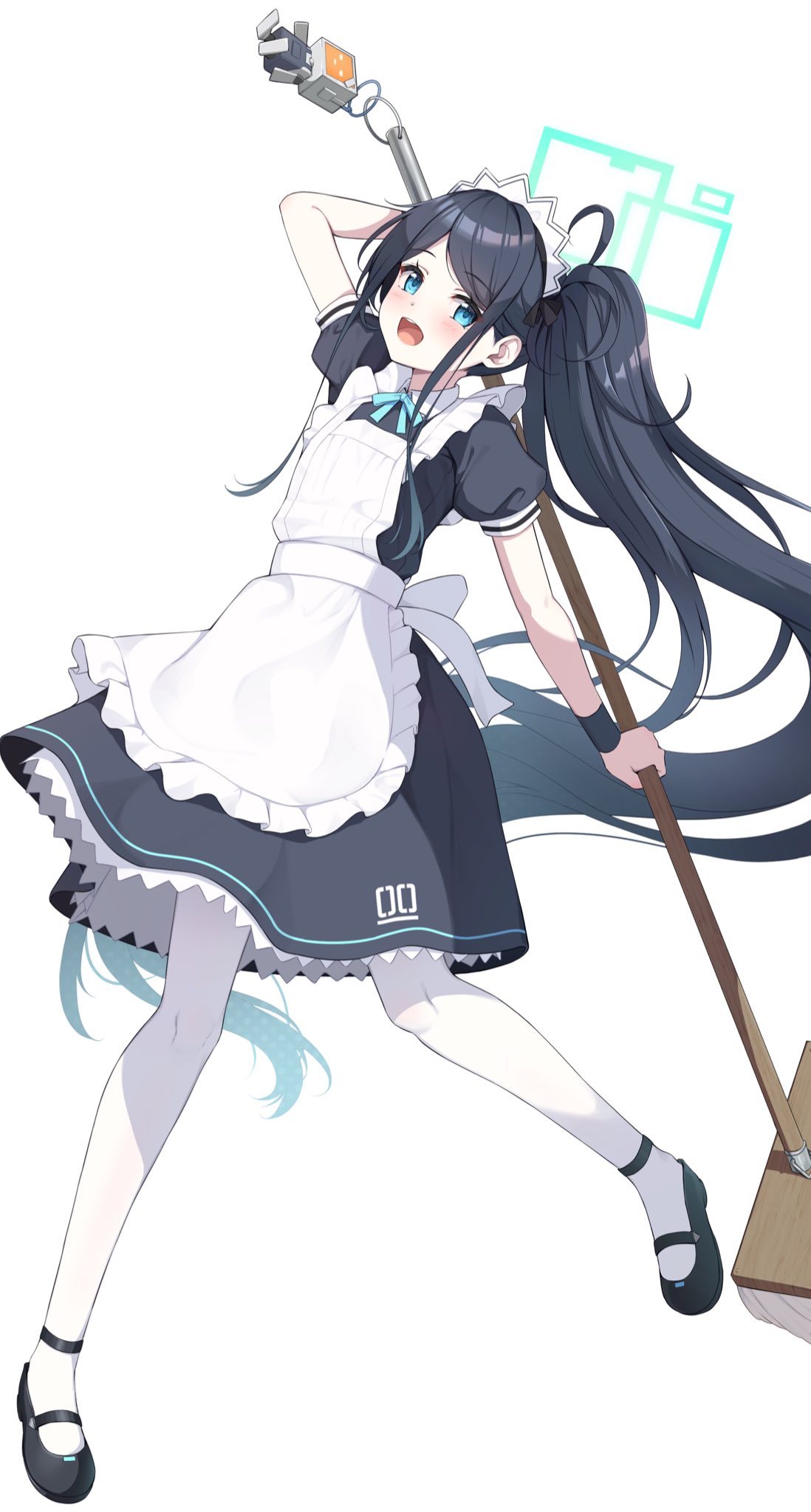 1girl apron aris_(blue_archive) aris_(maid)_(blue_archive) back black_footwear black_hair blue_archive blue_eyes bow bowtie broom collared_dress dress full_body halo highres holding holding_broom long_hair maid_apron maid_headdress mary_janes miso_(misomiso_154) open_mouth pantyhose shoes short_sleeves side_ponytail simple_background smile solo strappy_heels very_long_hair white_background white_pantyhose wristband