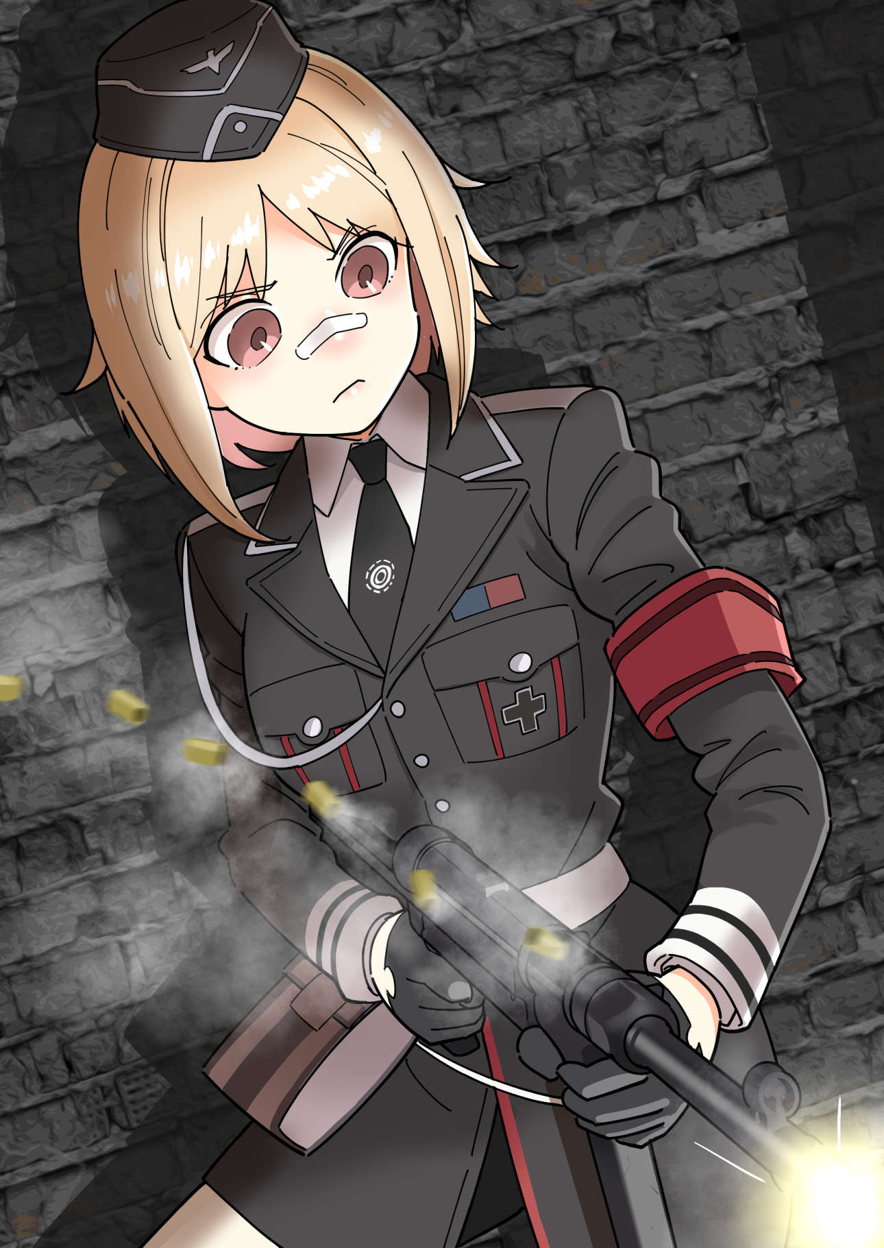 aiguillette armband bandaid bandaid_on_face bandaid_on_nose belt black_gloves black_jacket black_necktie blonde_hair brick_wall brown_eyes casing_ejection closed_mouth collared_shirt commentary_request cross finger_on_trigger firing garrison_cap gear_(gearba50) girls_frontline gloves gun half_gloves hat highres holding holding_weapon iron_cross jacket long_sleeves medium_hair military_hat military_uniform mp40 mp40_(girls'_frontline) necktie pouch red_armband shell_casing shirt submachine_gun uniform upper_body weapon white_shirt