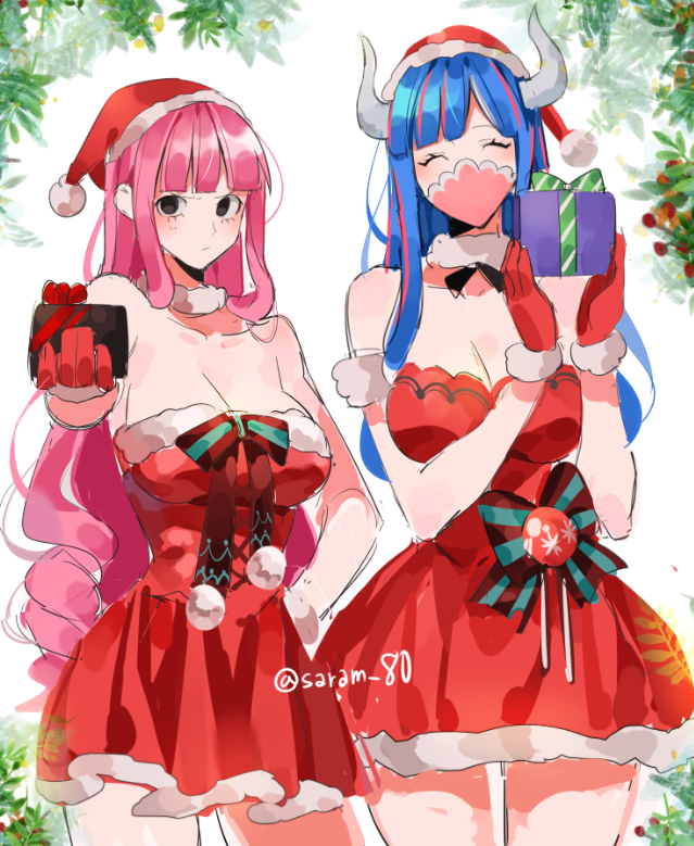 2girls bad_id bad_twitter_id black_eyes blue_hair blunt_bangs closed_eyes commentary_request dress drill_hair eyelashes gift gloves hand_on_own_hip hat holding holding_gift horns joman korean_commentary long_hair looking_at_viewer mask mouth_mask multicolored_hair multiple_girls one_piece perona pink_hair red_dress ribbon santa_hat sidelocks sleeveless sleeveless_dress two-tone_hair ulti_(one_piece)