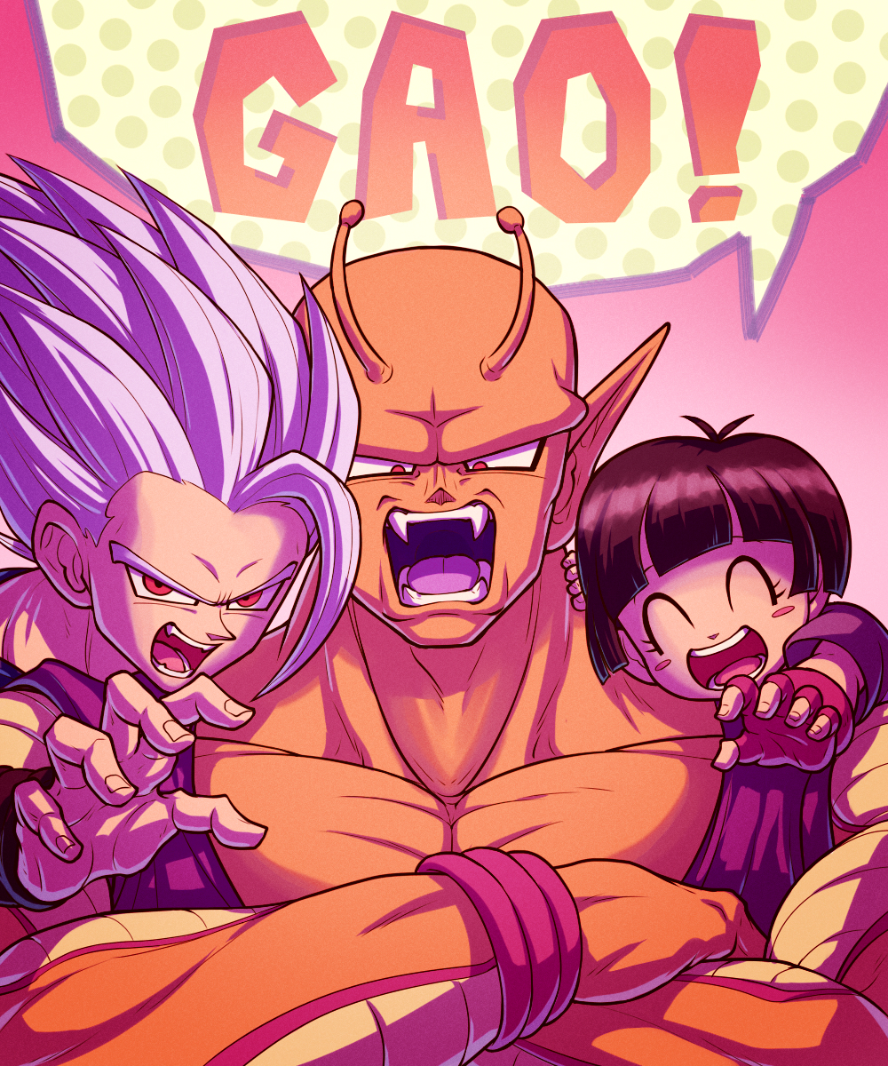 1girl 2boys ^_^ antennae biceps black_hair black_wristband blunt_bangs blush blush_stickers child claw_pose closed_eyes collarbone colored_skin colored_tongue commentary_request crossed_arms dougi dragon_ball dragon_ball_super dragon_ball_super_super_hero eyelashes fangs father_and_daughter fingerless_gloves gao gloves gohan_beast highres koukyouji looking_at_viewer multiple_boys muscular muscular_male namekian open_mouth orange_piccolo orange_skin outstretched_arm pan_(dragon_ball) pectorals piccolo pink_background pointy_ears purple_tongue red_eyes red_gloves round_teeth shirt short_hair short_sleeves simple_background son_gohan speech_bubble spiky_hair t-shirt teeth tongue upper_body v-shaped_eyebrows white_hair wristband