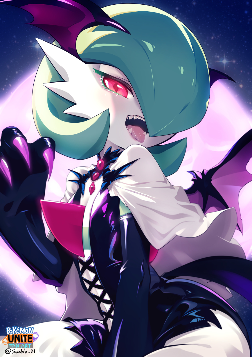 1girl artist_name backlighting bat_wings black_dress black_gloves blush bob_cut capelet claws clothed_pokemon colored_skin commentary_request copyright_name dress elbow_gloves english_commentary english_text eyelashes fangs flat_chest full_moon gardevoir gloves green_hair green_skin hair_over_one_eye half-closed_eyes hand_up happy head_wings highres light_blush logo looking_at_viewer mixed-language_commentary moon multicolored_skin navel night one_eye_covered open_mouth outdoors partial_commentary pink_moon pokemon pokemon_(creature) pokemon_(game) pokemon_unite purple_wings red_eyes shiny_clothes short_dress short_hair signature single_wing sitting smile solo sparkle spiked_wings suahh teeth tongue tongue_out twitter_username two-tone_skin white_capelet white_skin wings