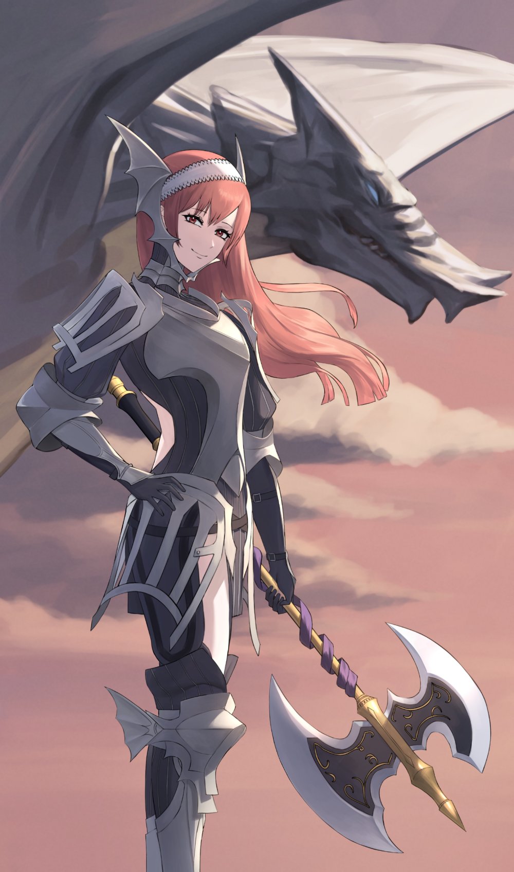 1girl armor axe black_dress bracer breastplate cherche_(fire_emblem) clouds commission dress english_commentary fire_emblem fire_emblem_awakening greaves halberd headband highres holding holding_axe long_hair looking_at_viewer polearm red_eyes red_sky redhead shou_illust sky smile solo standing weapon white_headband