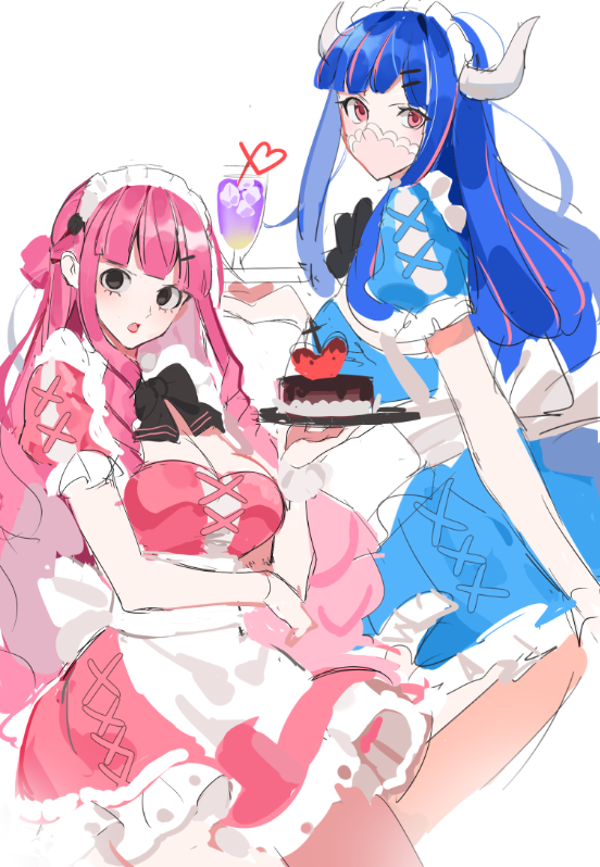 2girls apron bad_id bad_twitter_id black_eyes black_ribbon blue_dress blue_hair blunt_bangs cake character_profile commentary commentary_request dress drill_hair eyelashes food gloves hair_bun holding holding_plate horns joman korean_commentary long_hair looking_at_viewer maid maid_apron maid_headdress multicolored_hair multiple_girls one_piece perona pink_dress pink_hair plate profile ribbon simple_background two-tone_hair ulti_(one_piece) white_background