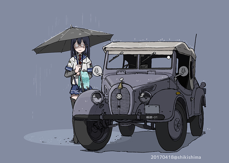 1girl black_hair blue_sailor_collar blue_skirt boots dated full_body glasses grey_background jeep kantai_collection layered_sleeves long_hair long_sleeves looking_at_viewer motor_vehicle necktie ooyodo_(kancolle) opaque_glasses pleated_skirt rain red_necktie sailor_collar school_uniform serafuku shikishima_fugen short_over_long_sleeves short_sleeves skirt solo standing thigh_boots towel twitter_username