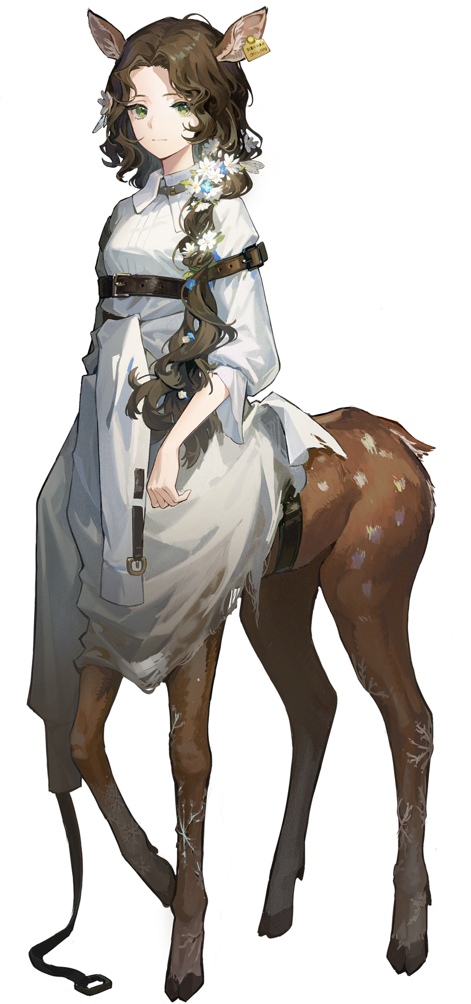 1girl animal_ears arm_strap barcode belt blue_flower brown_belt brown_hair centauroid changeling_(reverse:1999) closed_mouth deer_ears deer_girl dress ear_tag flower full_body green_eyes hair_flower hair_ornament highres long_hair long_sleeves looking_at_viewer official_art reverse:1999 snowflakes solo standing tachi-e taur third-party_source transparent_background white_dress white_flower
