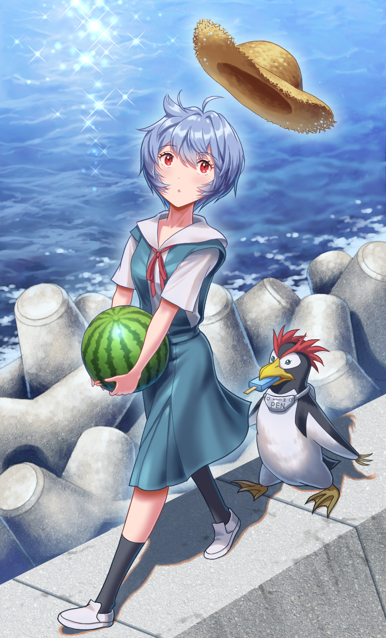 1girl :o ayanami_rei bird black_socks blue_hair blue_skirt bow bowtie breasts brown_headwear collared_shirt commentary dress_shirt eating floating_clothes food food_in_mouth fruit hat highres holding holding_food knees_together_feet_apart looking_at_object looking_up mouth_hold neck_ribbon neon_genesis_evangelion ocean parted_lips penguin penpen popsicle red_bow red_bowtie red_eyes red_ribbon ribbon school_uniform shadow shirt shoes short_sleeves skirt small_breasts socks solo sparkle stone_wall straw_hat sun_hat surprised suspender_skirt suspenders tokyo-3_middle_school_uniform unworn_hat unworn_headwear uwabaki walking wall watermelon wave_breaker white_footwear white_shirt wind yahha