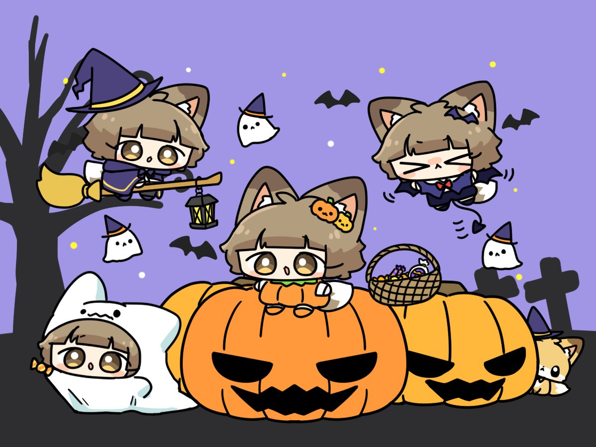 4girls :&lt; animal_ear_fluff animal_ears basket bat_(animal) bat_hair_ornament blush blush_stickers bow bowtie broom broom_riding brown_eyes candy chibi colored_inner_animal_ears commentary_request flat_color flying food food-themed_hair_ornament fox ghost ghost_costume hair_ornament halloween halloween_costume hat hiding holding holding_candy holding_food lantern light_particles multiple_girls night no_nose nontao nose_blush open_mouth original outdoors pumpkin_costume pumpkin_hair_ornament purple_robe red_bow red_bowtie robe short_hair sitting tail tombstone tree vampire_costume witch witch_hat
