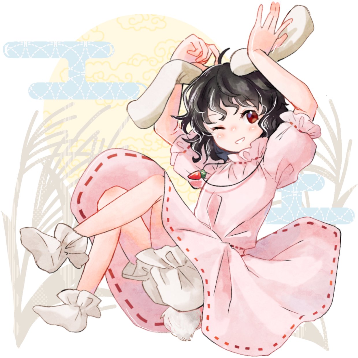 1girl ;d \||/ ahoge animal_ears arms_up bare_legs black_hair bloomers blush carrot_necklace commentary_request dress flat_chest frills full_body highres inaba_tewi jewelry kimura8556spsk legs_up looking_at_viewer messy_hair necklace nose_blush one_eye_closed parted_lips petite pink_dress puffy_short_sleeves puffy_sleeves rabbit_ears rabbit_tail red_eyes short_hair short_sleeves simple_background smile solo tail teeth touhou