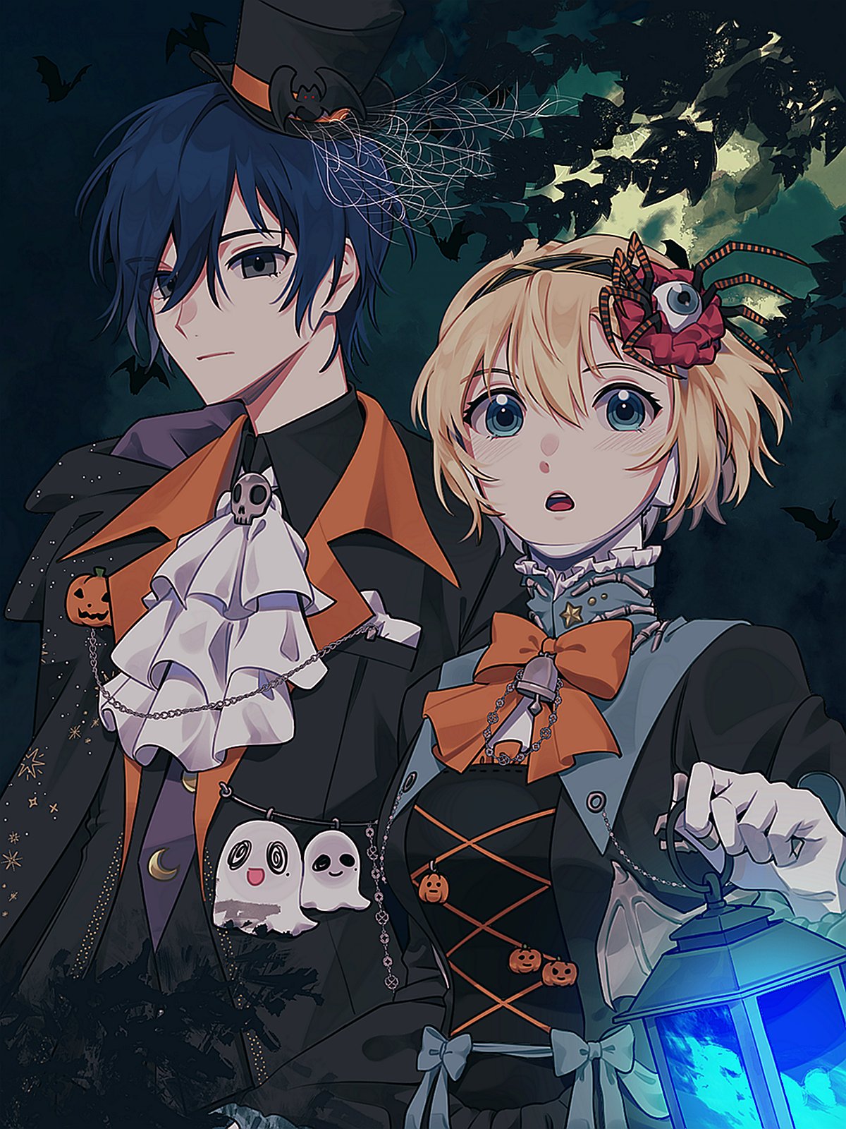 1boy 1girl :o aegis_(persona) alternate_costume android ascot black_eyes black_headwear black_jacket blonde_hair blue_eyes blue_hair blush bow bowtie closed_mouth commentary elulit2 hair_between_eyes hair_ornament halloween halloween_costume hat highres jacket looking_at_viewer orange_bow orange_bowtie persona persona_3 short_hair symbol-only_commentary top_hat white_ascot yuuki_makoto