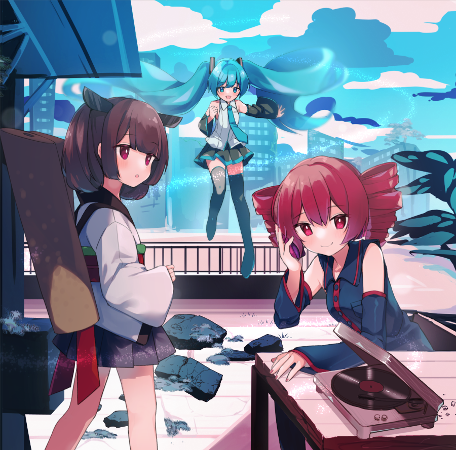 3girls :o album_cover black_footwear black_shirt black_skirt blue_eyes blue_hair blue_necktie blue_sky blush boots bright_pupils brown_hair city closed_mouth clouds cloudy_sky collared_shirt commentary_request cover day detached_sleeves drill_hair floating hand_on_headphones hand_up hatsune_miku headgear japanese_clothes kasane_teto kimono light_trail looking_at_viewer looking_to_the_side medium_hair miniskirt monaka_sanaka multiple_girls necktie obi open_mouth outdoors oversized_food oversized_object pleated_skirt railing record red_eyes red_nails redhead rooftop rubble sash shirt short_kimono sitting skirt sky skyline sleeveless sleeveless_shirt smile standing thigh_boots touhoku_kiritan turntable twin_drills twintails utau vocaloid white_kimono white_pupils white_shirt wide_sleeves