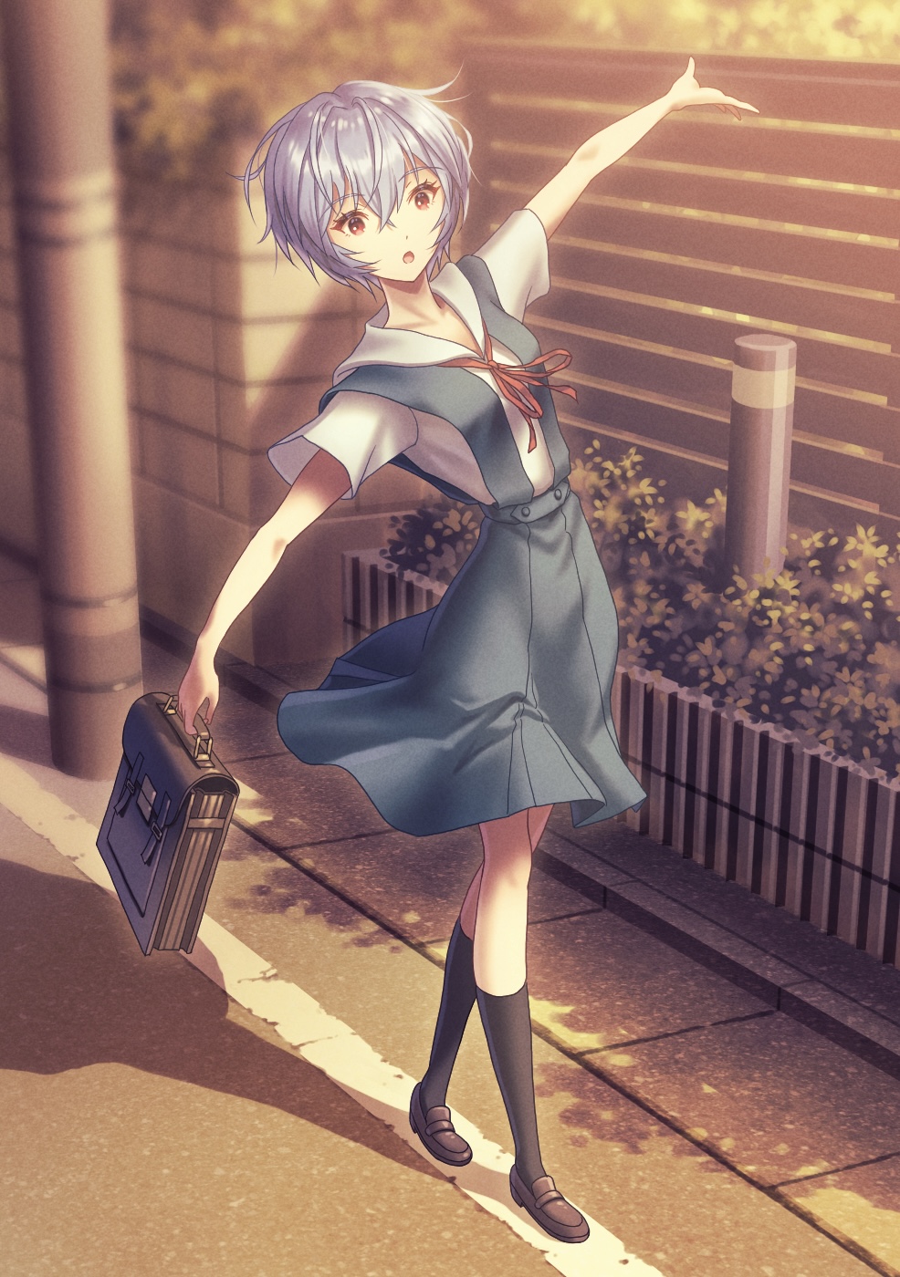 1girl :o ayanami_rei bag balancing black_socks blue_hair blue_skirt bollard breasts briefcase brown_bag brown_footwear bush collared_shirt commentary dress_shirt dusk fence film_grain foliage full_body highres holding holding_bag kneehighs messy_hair neon_genesis_evangelion open_mouth outstretched_arms planter red_eyes school_briefcase school_uniform shadow shirt shoes short_hair short_sleeves skirt small_breasts socks solo sunset suspender_skirt suspenders tokyo-3_middle_school_uniform utility_pole white_shirt yahha