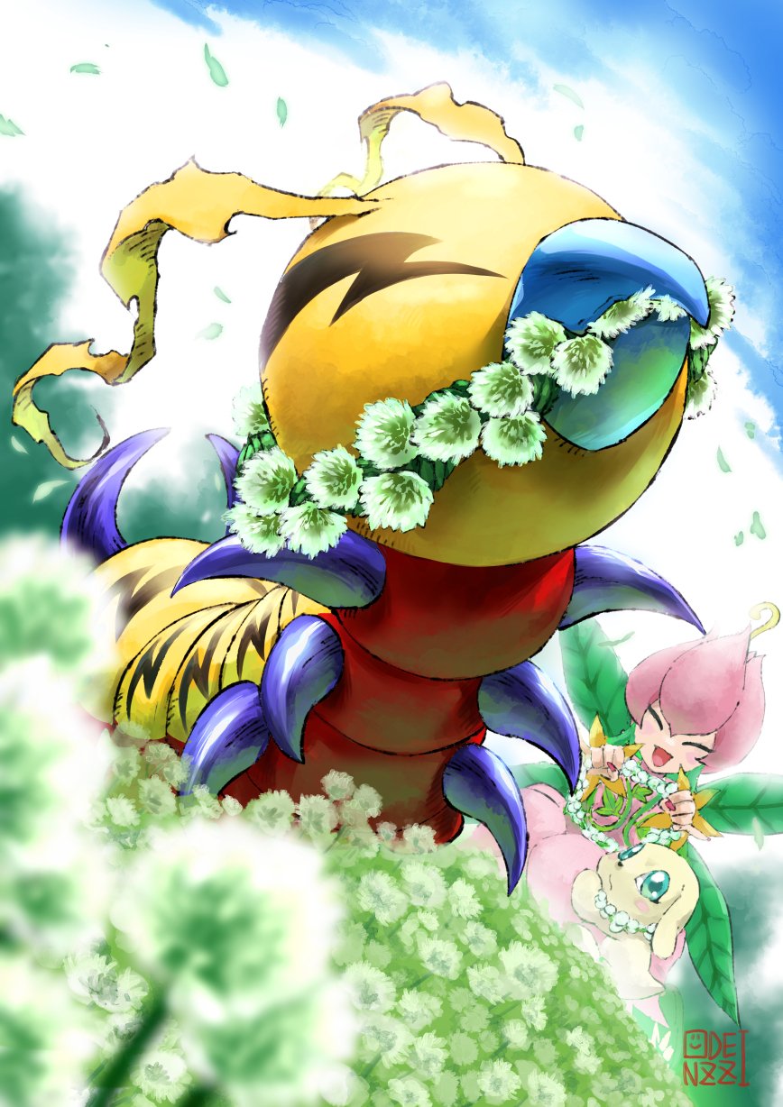 1girl 2others antennae artist_logo beak blue_eyes blue_sky bug caterpillar closed_eyes clouds day digimon digimon_(creature) dog flower happy highres kunemon lilimon monster_girl multiple_others oden_(odenzzi) open_mouth outdoors plant plant_girl plotmon sky smile solo_focus watermark