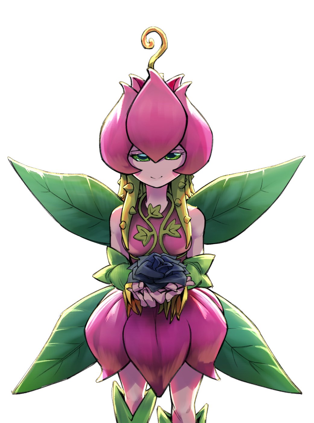 1girl black_flower black_rose boots detached_sleeves digimon digimon_(creature) drash dress fairy flower green_eyes green_footwear green_sleeves hair_vines highres holding holding_flower knee_boots leaf_wings lilimon looking_at_viewer monster_girl petals pink_dress plant_girl rose simple_background sleeveless sleeveless_dress solo white_background
