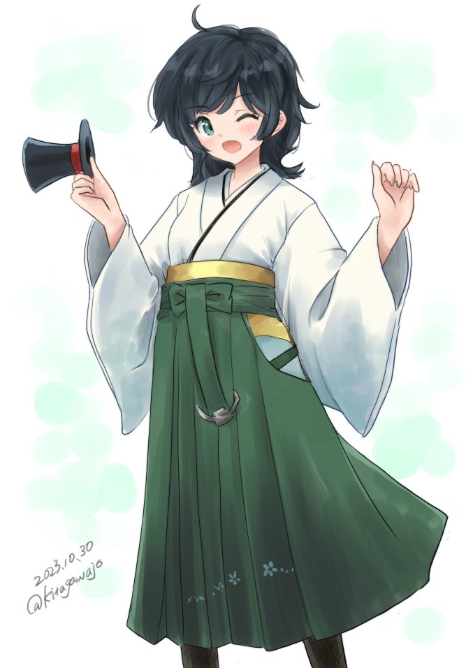 1girl ahoge black_hair feet_out_of_frame green_eyes green_hakama hakama hat holding holding_clothes holding_hat japanese_clothes kantai_collection kitagawa_mikio matsukaze_(kancolle) meiji_schoolgirl_uniform mini_hat mini_top_hat one-hour_drawing_challenge open_mouth short_hair smile solo standing swept_bangs top_hat unworn_hat unworn_headwear w_arms wavy_hair