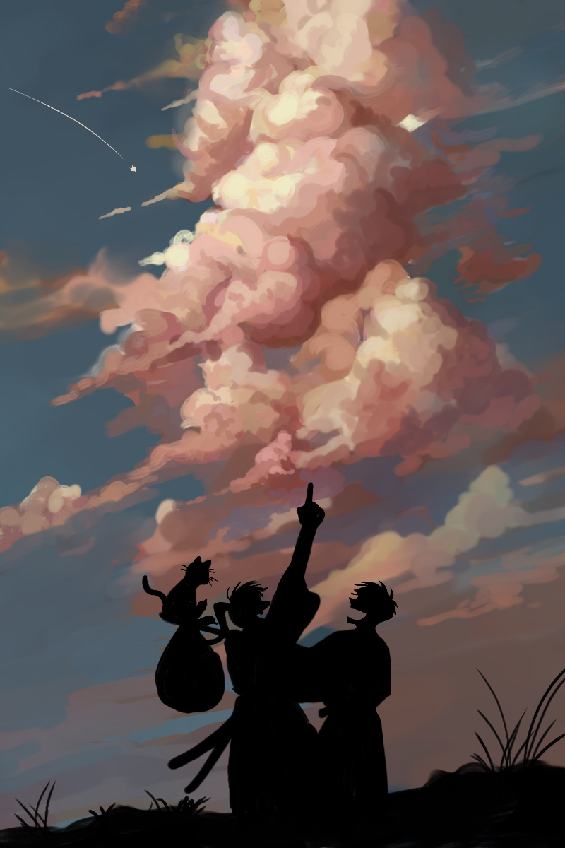 2boys aircraft airplane arm_up bag bakumatsu_shishi_channel bindle blue_sky cat cloud_focus clouds cloudy_sky commentary_request contrail evening fighter_jet gnu_(h_08_r) grass highres jet katana long_hair male_focus military_vehicle multiple_boys open_mouth outdoors over_shoulder pink_clouds pointing pointing_up ponytail profile sakamoto_ryouma_(niconico) sheath sheathed short_hair silhouette sky smile standing sword takamori_saigou_(niconico) weapon wide_sleeves