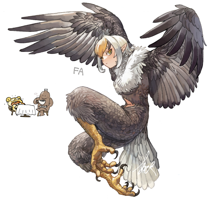 1girl abuku blonde_hair chibi chibi_inset commentary_request feathered_wings feathers full_body harpy looking_at_viewer monster_girl multicolored_hair neck_fur original short_hair signature solo talons two-tone_hair white_background white_hair winged_arms wings yellow_eyes