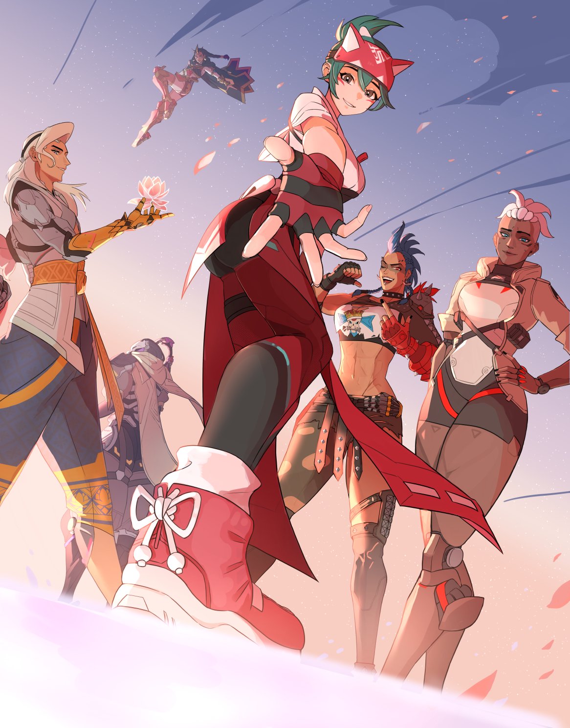 2boys 4girls black_gloves black_hair closed_mouth dark-skinned_female dark_skin falling fingerless_gloves flower fox_hair_ornament gloves green_hair hand_on_own_hip high_ponytail highres holding holding_flower illari_(overwatch) junker_queen_(overwatch) kiriko_(overwatch) lifeweaver_(overwatch) long_hair looking_at_viewer mechanical_arms mechanical_legs mechanical_parts midriff mixed-language_commentary multiple_boys multiple_girls muscular muscular_female navel omnic open_hand open_mouth overwatch overwatch_2 parted_lips pointing pointing_at_self ramattra_(overwatch) robot single_mechanical_arm sojourn_(overwatch) standing teeth tsunami_(hagoromo27) upper_teeth_only white_hair