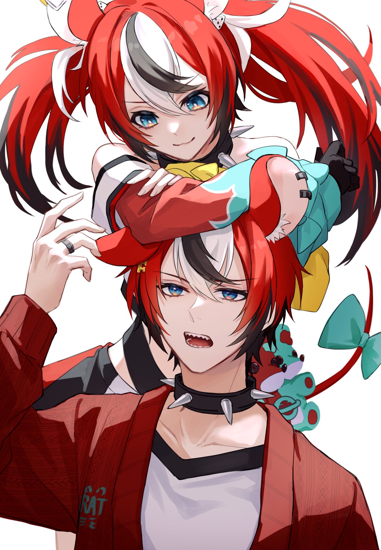 1boy 1girl :3 animal_ears arm_up black_gloves black_hair blue_eyes collar detached_sleeves genderswap genderswap_(ftm) gloves hakos_baelz hayko highres hololive hololive_english leaning_on_person long_hair looking_at_another mouse_ears mouse_tail mr._squeaks_(hakos_baelz) open_mouth redhead ribbon sakashima sharp_teeth short_hair spiked_collar spikes tail tail_ornament tail_ribbon teeth twintails upper_body white_background white_hair