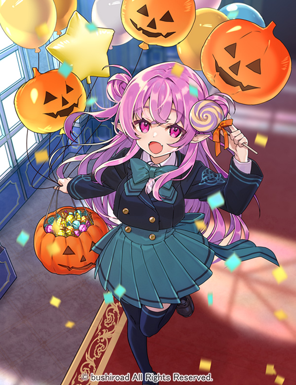 1girl :d arm_up balloon black_footwear black_jacket black_thighhighs blazer blue_bow blue_skirt bow candy cardfight!!_vanguard character_request collared_shirt commentary_request confetti cropped_jacket day double_bun fangs food hair_bun halloween_bucket holding holding_balloon holding_food indoors jack-o'-lantern jacket loafers lollipop long_sleeves miyoshino official_art orange_bow pink_hair pleated_skirt pointy_ears school_uniform shirt shoes skirt smile solo standing standing_on_one_leg star_balloon sunlight swirl_lollipop thigh-highs two_side_up violet_eyes white_shirt window