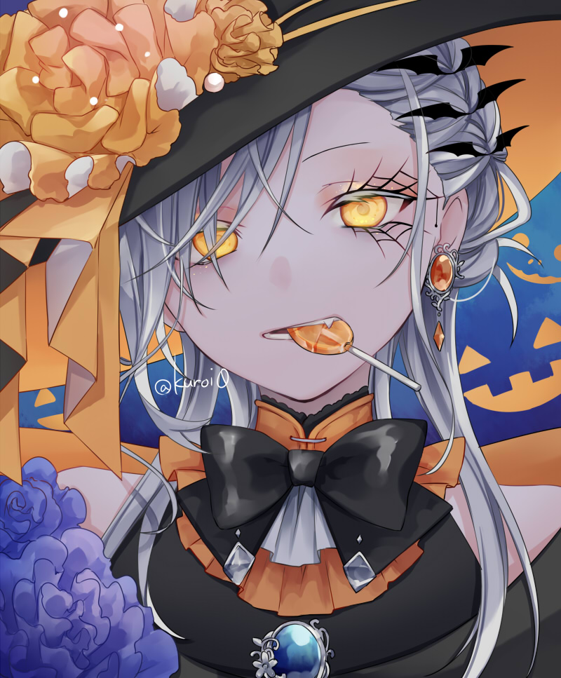1girl bat_ornament black_bow bow bowtie candy earrings fang food glowing glowing_eyes grey_hair hair_ornament halloween hat jewelry kuroi_(liar-player) lollipop looking_at_viewer original solo witch_hat yellow_eyes