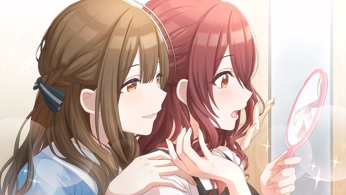 2girls :o ahoge blush bow braid brown_eyes brown_hair hair_between_eyes hair_bow hand_mirror hand_on_another's_shoulder holding holding_mirror idolmaster idolmaster_shiny_colors indoors kuwayama_chiyuki long_hair looking_at_mirror looking_at_self mirror multiple_girls official_art open_mouth osaki_tenka redhead reflection smile sparkle