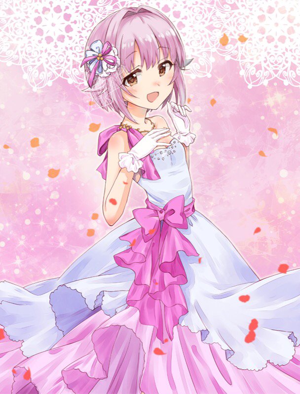1girl bare_shoulders blush bow breasts brown_eyes dress dress_bow falling_petals from_side gloves grey_hair hair_flaps hair_ornament hands_up idolmaster idolmaster_cinderella_girls idolmaster_cinderella_girls_starlight_stage jewelry koshimizu_sachiko layered_dress looking_at_viewer necklace open_mouth petals pink_background pink_bow poco0809 purple_hair short_hair single_strap sleeveless sleeveless_dress small_breasts smile solo two-tone_dress white_gloves