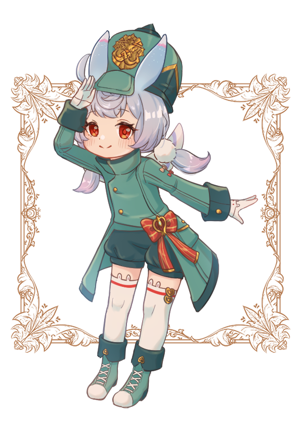 1girl animal_ear_legwear animal_ears arm_up blush boots buttons closed_mouth coat commentary_request eyelashes fold-over_boots full_body genshin_impact gloves gradient_hair green_coat green_footwear green_headwear green_shorts grey_hair hair_ornament hat heart long_hair long_sleeves looking_at_viewer low_twintails multicolored_hair nami_harakamiaka pocket pom_pom_(clothes) pom_pom_hair_ornament puffy_shorts red_eyes salute short_shorts shorts sidelocks sigewinne_(genshin_impact) simple_background sleeve_cuffs smile solo split_mouth standing thigh-highs twintails uniform white_background white_gloves white_thighhighs