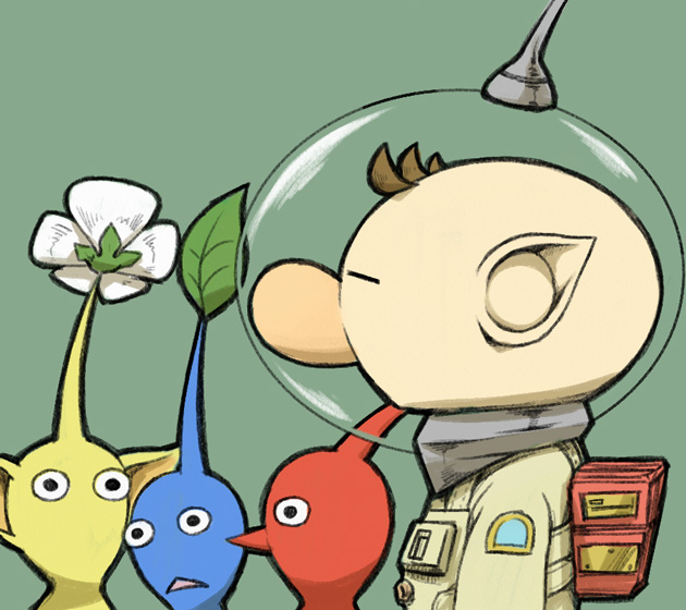 1boy backpack bag big_nose black_eyes blue_pikmin blue_skin brown_hair buttons closed_eyes colored_skin commentary_request flower from_side green_background helmet leaf naru_(wish_field) no_mouth olimar patch pikmin_(creature) pikmin_(series) pointy_ears pointy_nose radio_antenna red_bag red_pikmin red_skin short_hair space_helmet spacesuit triangle_mouth upper_body very_short_hair white_flower yellow_pikmin yellow_skin