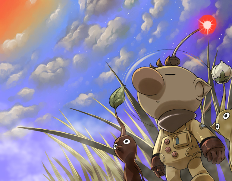 1boy big_nose black_eyes blue_sky brown_hair bud buttons closed_eyes clouds colored_skin commentary_request fog foot_out_of_frame gloves grass helmet leaf looking_ahead looking_up naru_(wish_field) no_mouth olimar outdoors parted_lips patch pikmin_(creature) pikmin_(series) pointy_ears pointy_nose radio_antenna red_gloves red_light red_pikmin red_skin short_hair sky space_helmet spacesuit star_(sky) sun very_short_hair yellow_pikmin yellow_skin